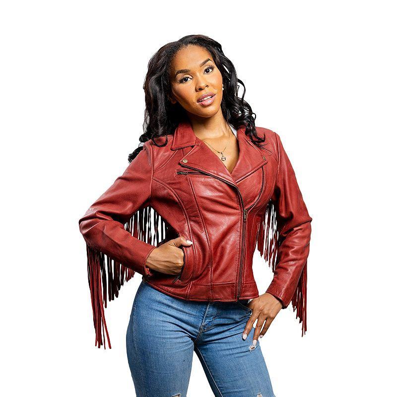 Womens Whet Blu Daisy Fringed Asymmetrical Moto Leather Jacket Dark Red Product Image