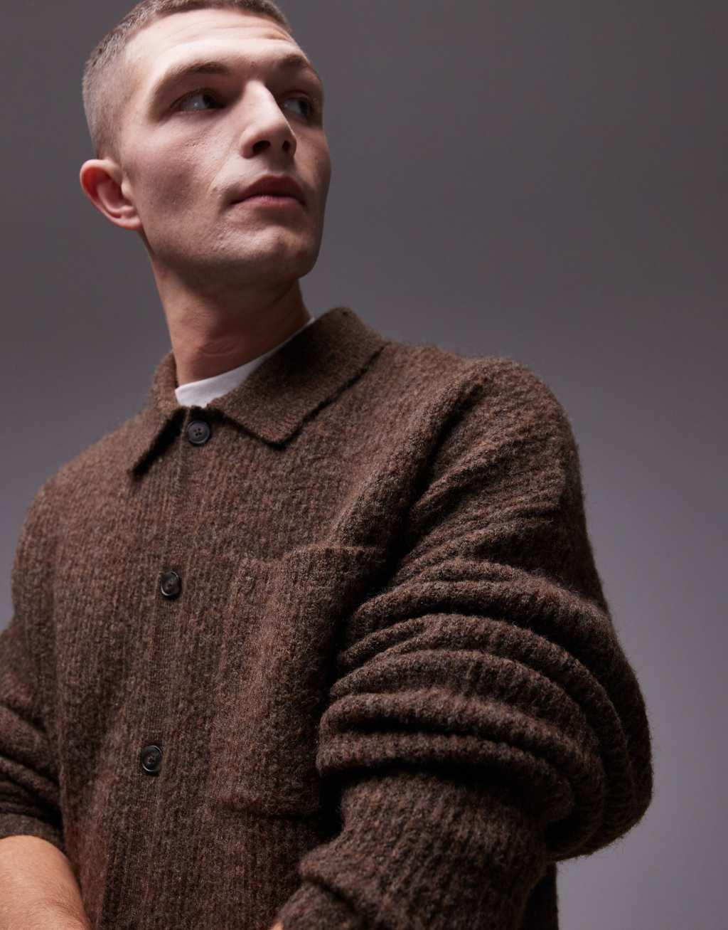 Topman relaxed fit brushed collared cardigan in brown heather Product Image