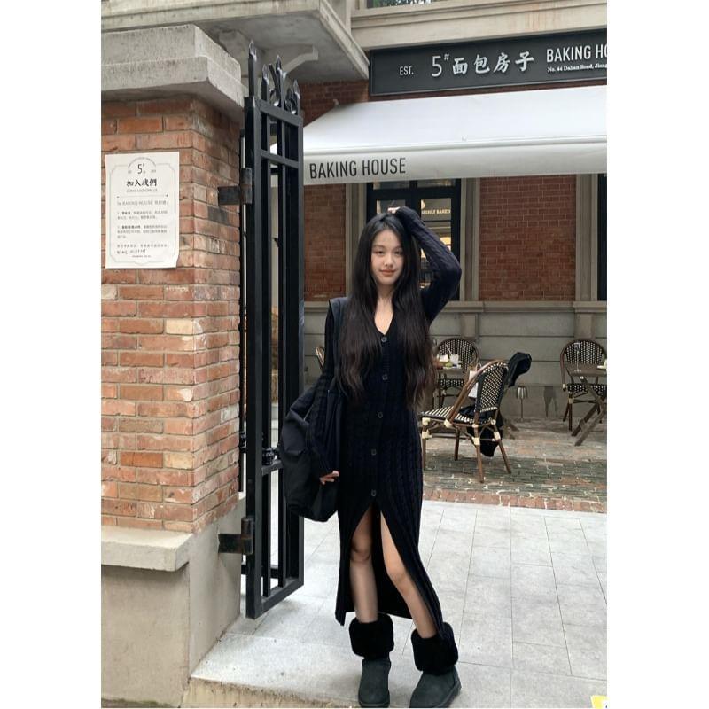 Long-Sleeve V-Neck Plain Cable Knit Button-Up Slit Midi Sheath Dress Product Image