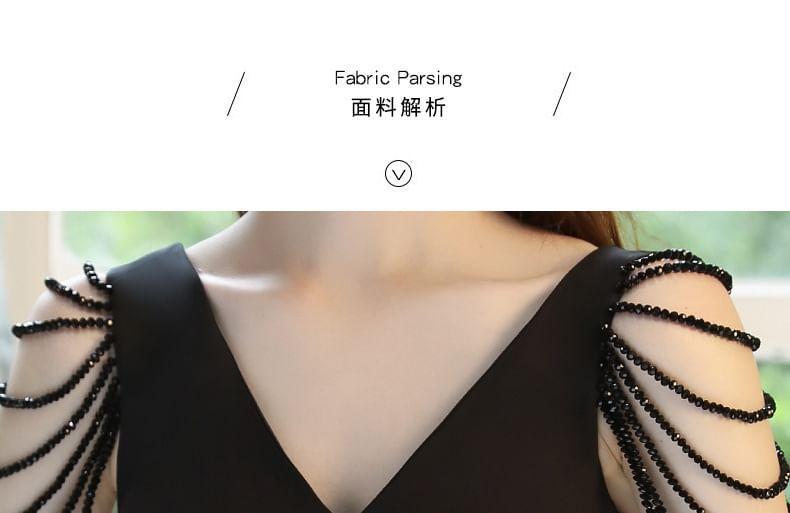 Sleeveless V-Neck Beaded Bodycon Mini Dress Product Image