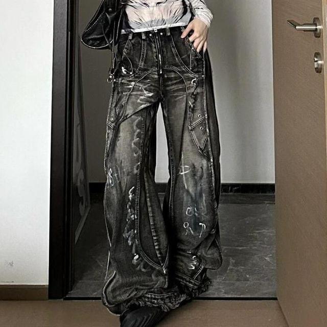 Low Rise Graphic Print Washed Fringed Hem Wide Leg Jeans Product Image