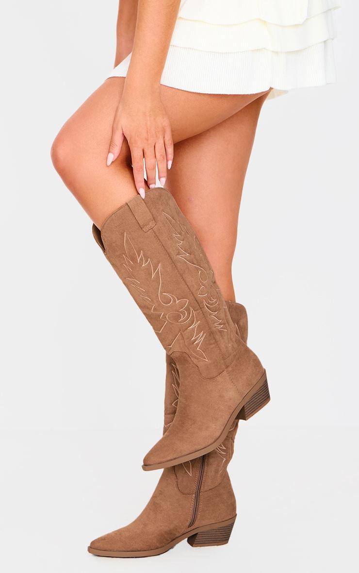 Beige Faux Suede Point Toe Western Boots Product Image