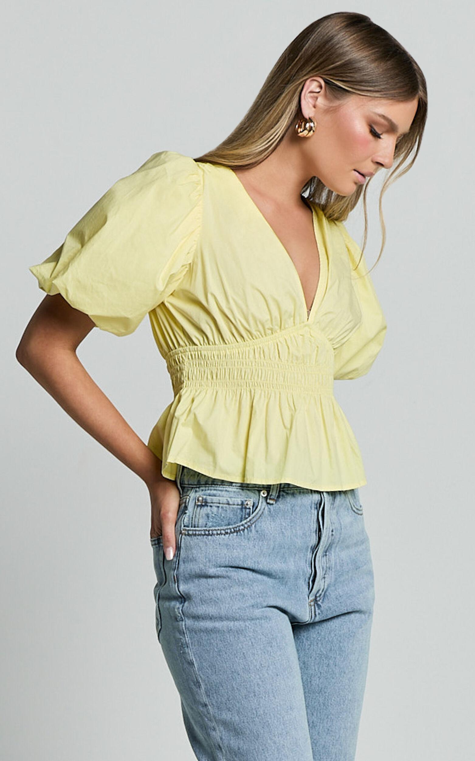 Mellie Top - Puff Sleeve Peplum Top in Yellow Product Image