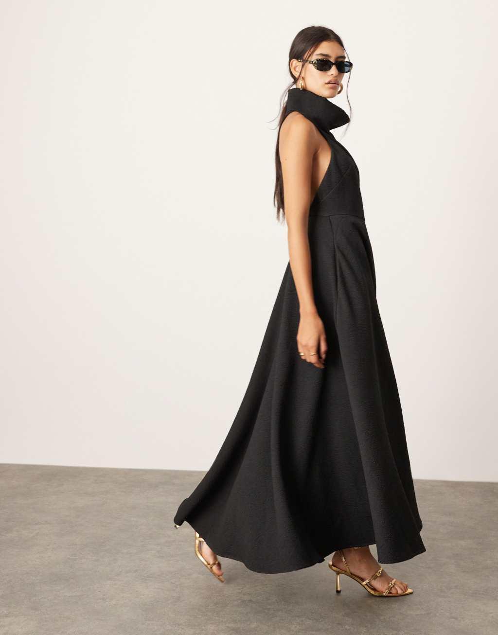 ASOS EDITION textured dramatic halter A-line maxi dress in black Product Image