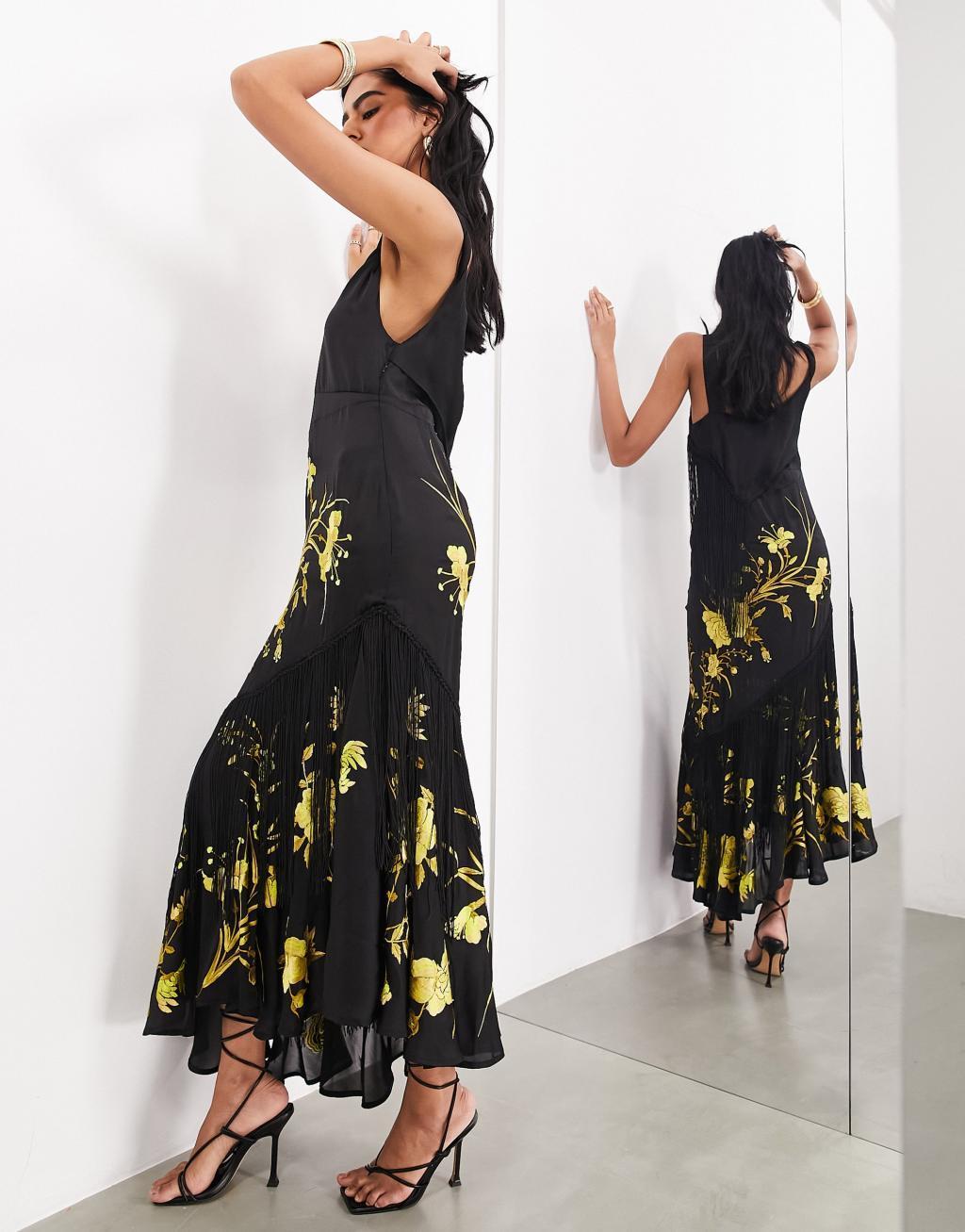 ASOS EDITION floral embroidered bias cut midi dress with fringe in black Product Image