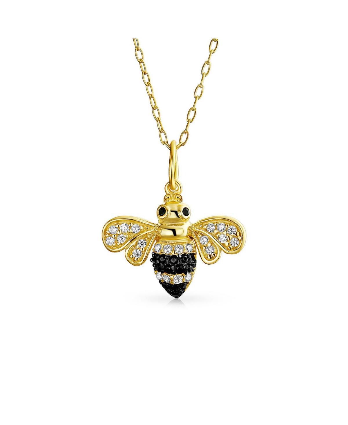 Bling Jewelry Elegant Queen Bee Pendant Necklace for Women - Black and Golden Cubic Zirconia, 14K Yellow Gold Plated, .925 Sterling Silver Product Image