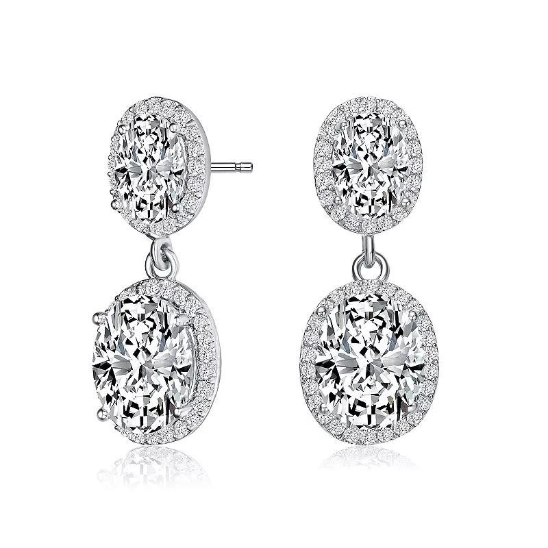 Sterling Silver Oval & Round Cubic Zirconia Halo Drop Earrings, Womens Product Image