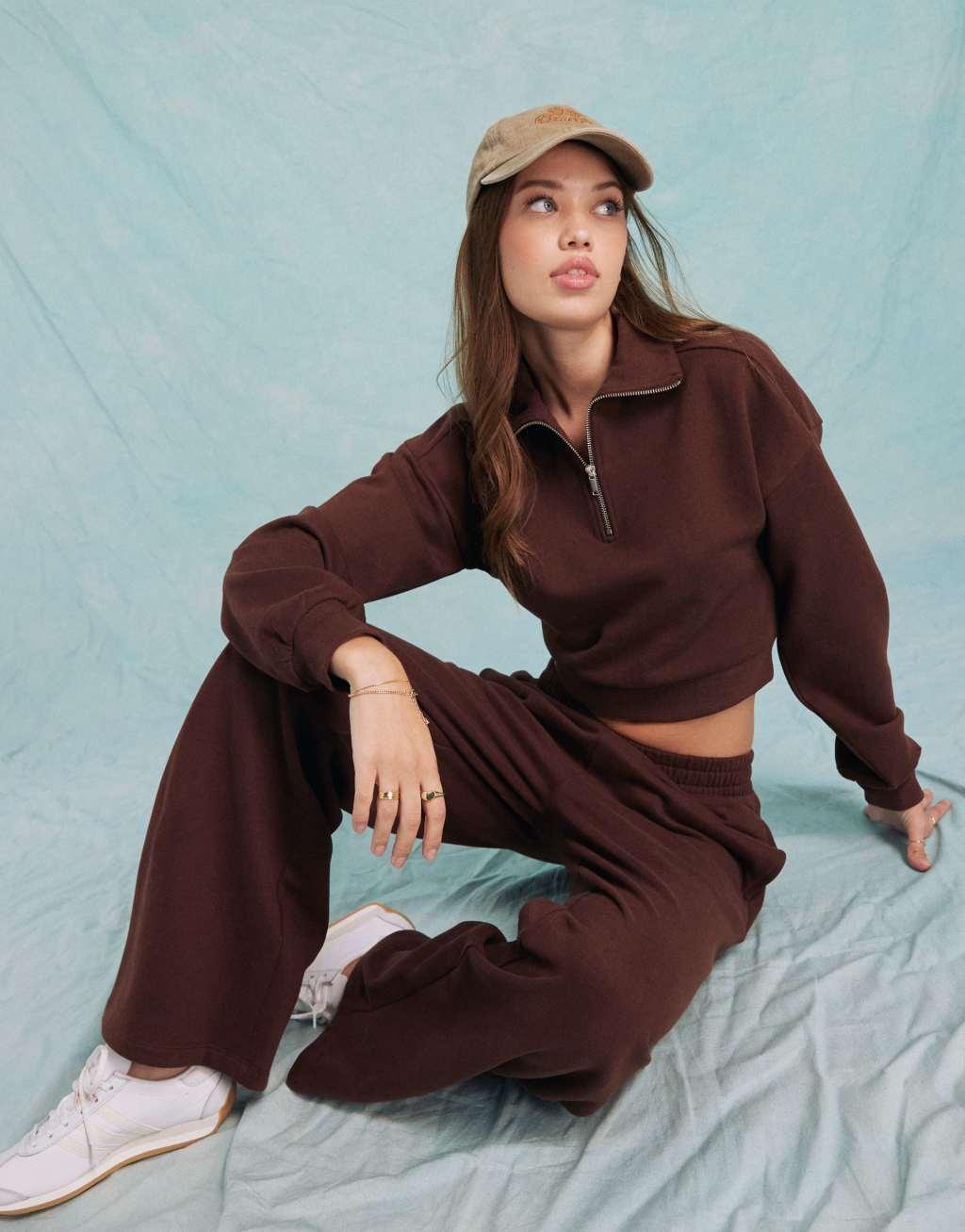 Miss Selfridge wide leg sweatpants in chocolate - part of a set Product Image