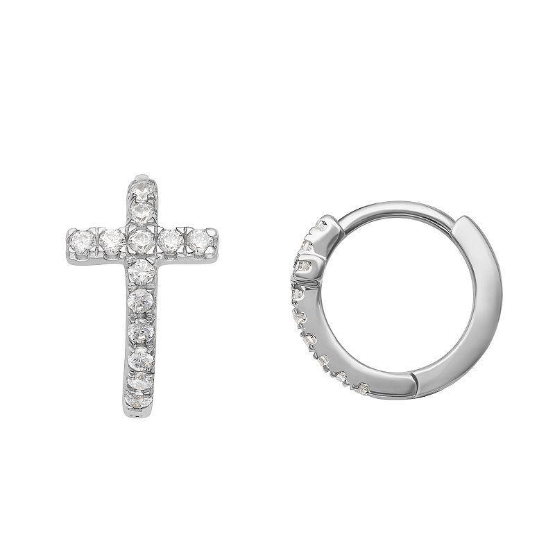 PRIMROSE Sterling Silver Cubic Zirconia Cross Huggie Hoop Earrings, Womens, White Product Image