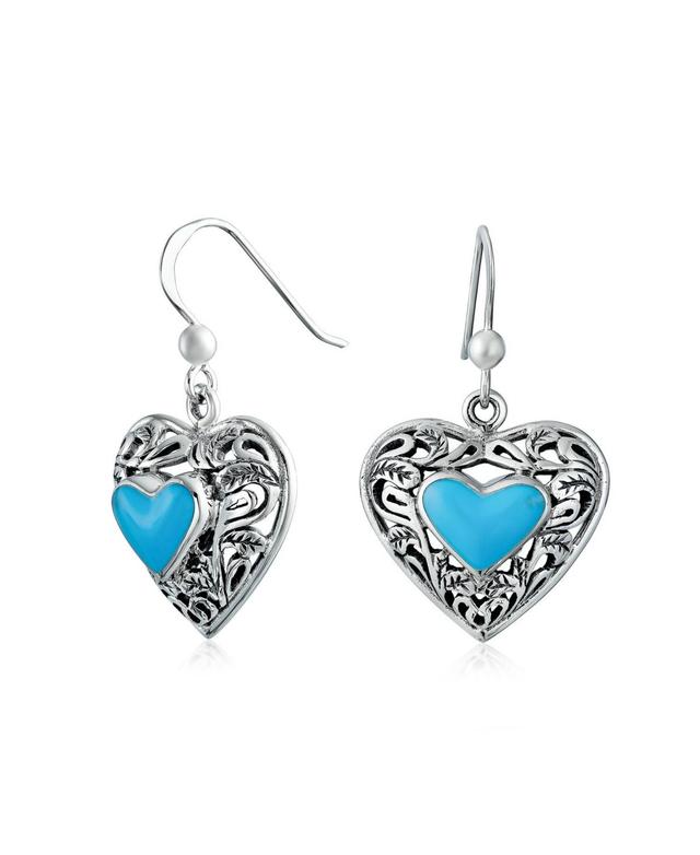 Bling Jewelry Boho Bali Style Scroll Filigree Blue Natural Turquoise Heart Shaped Dangling Earrings For Women Oxidized Sterling Silver Fish Hook - Blu Product Image