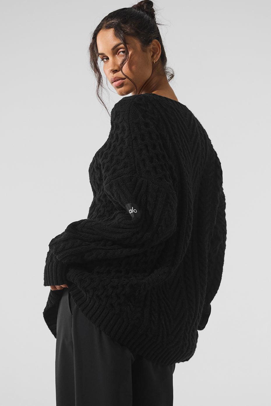 Cable Knit Crew Neck Sweater - Black Female Product Image