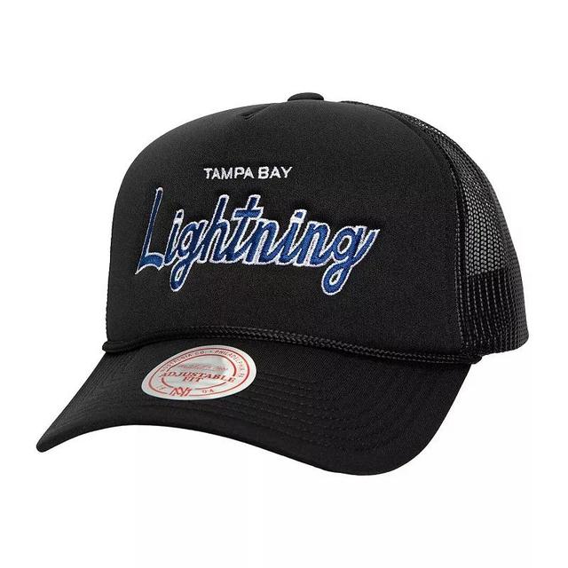 Mens Mitchell & Ness Black Tampa Bay Lightning Script Side Patch Trucker Adjustable Hat Product Image