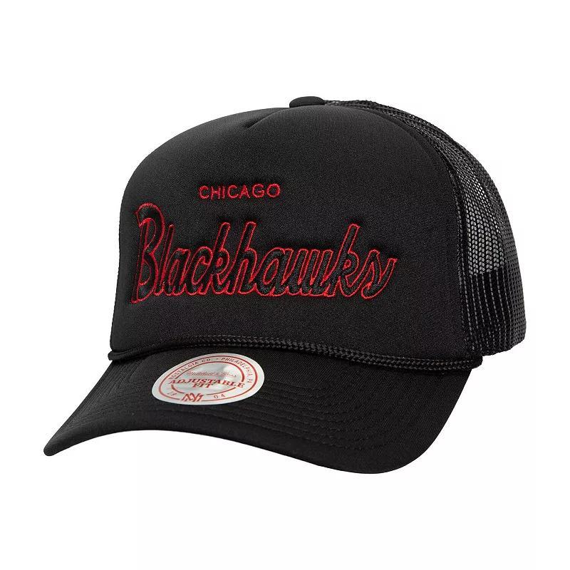 Mens Mitchell & Ness Chicago hawks Script Side Patch Trucker Adjustable Hat Product Image