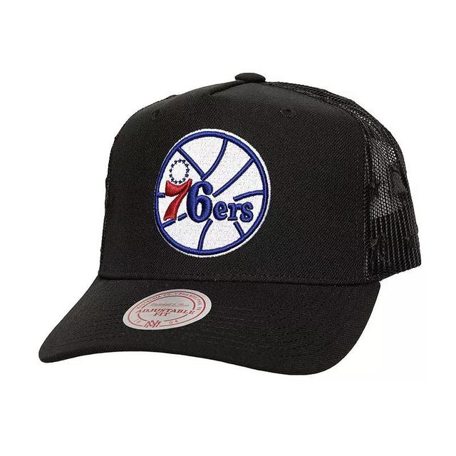 Mens Mitchell & Ness Black Philadelphia 76ers Monogram All-Over Logo Mesh Trucker Adjustable Hat Product Image