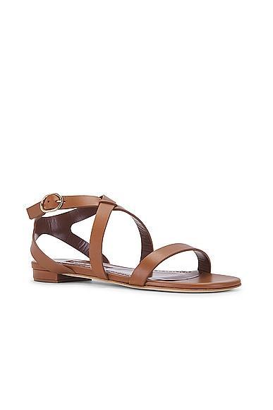 Manolo Blahnik Magalou Leather Sandal in Medium Brown - Brown. Size 36.5 (also in 37, 37.5). Product Image