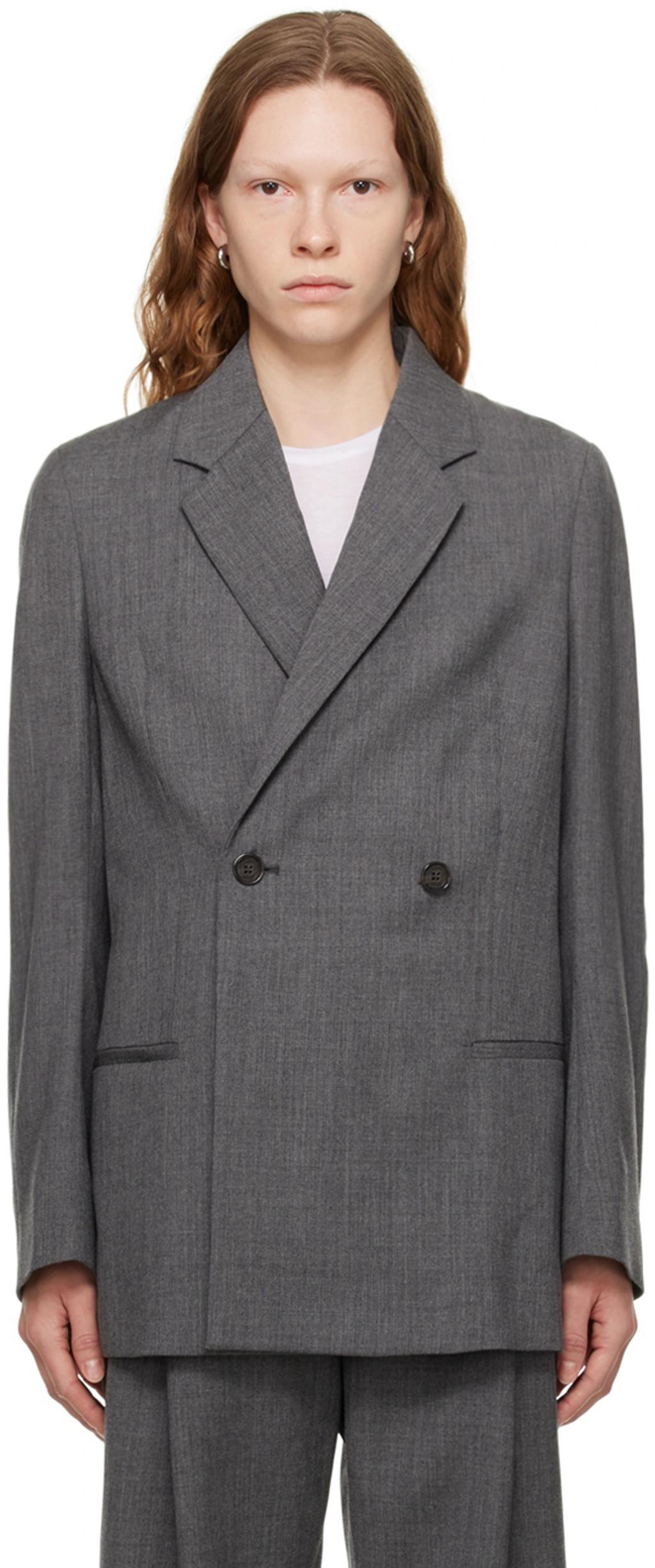 Double-breasted Vent Wool Blazer In Grey Melange Product Image