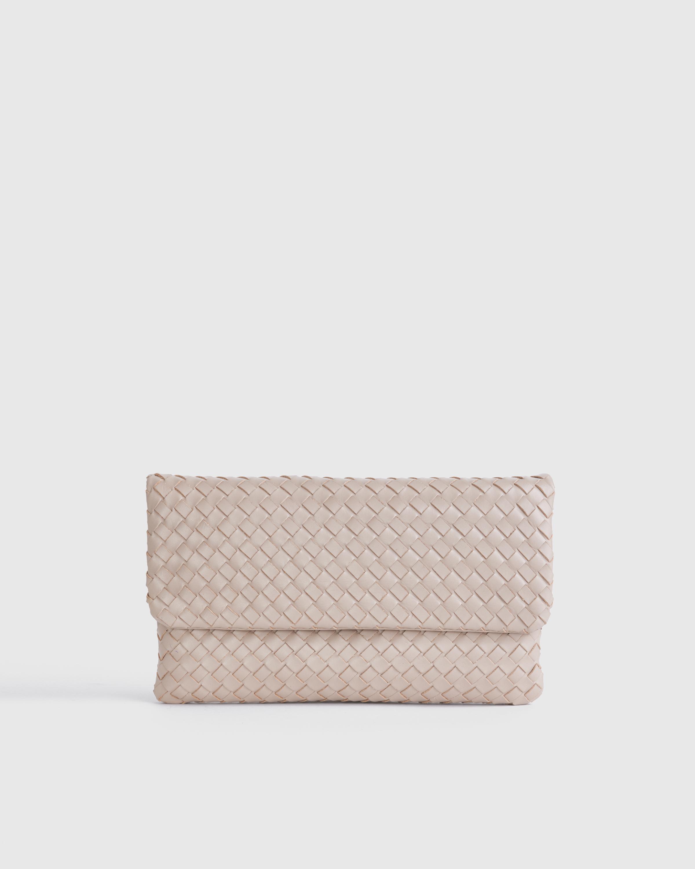 Womens Italian Leather Handwoven Convertible Clutch in Taupe by Quince Product Image