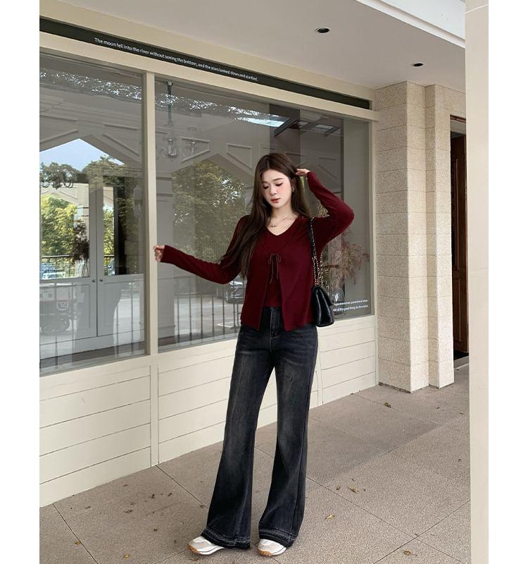 High Rise Washed Fleece-Lined Flared Jeans Product Image