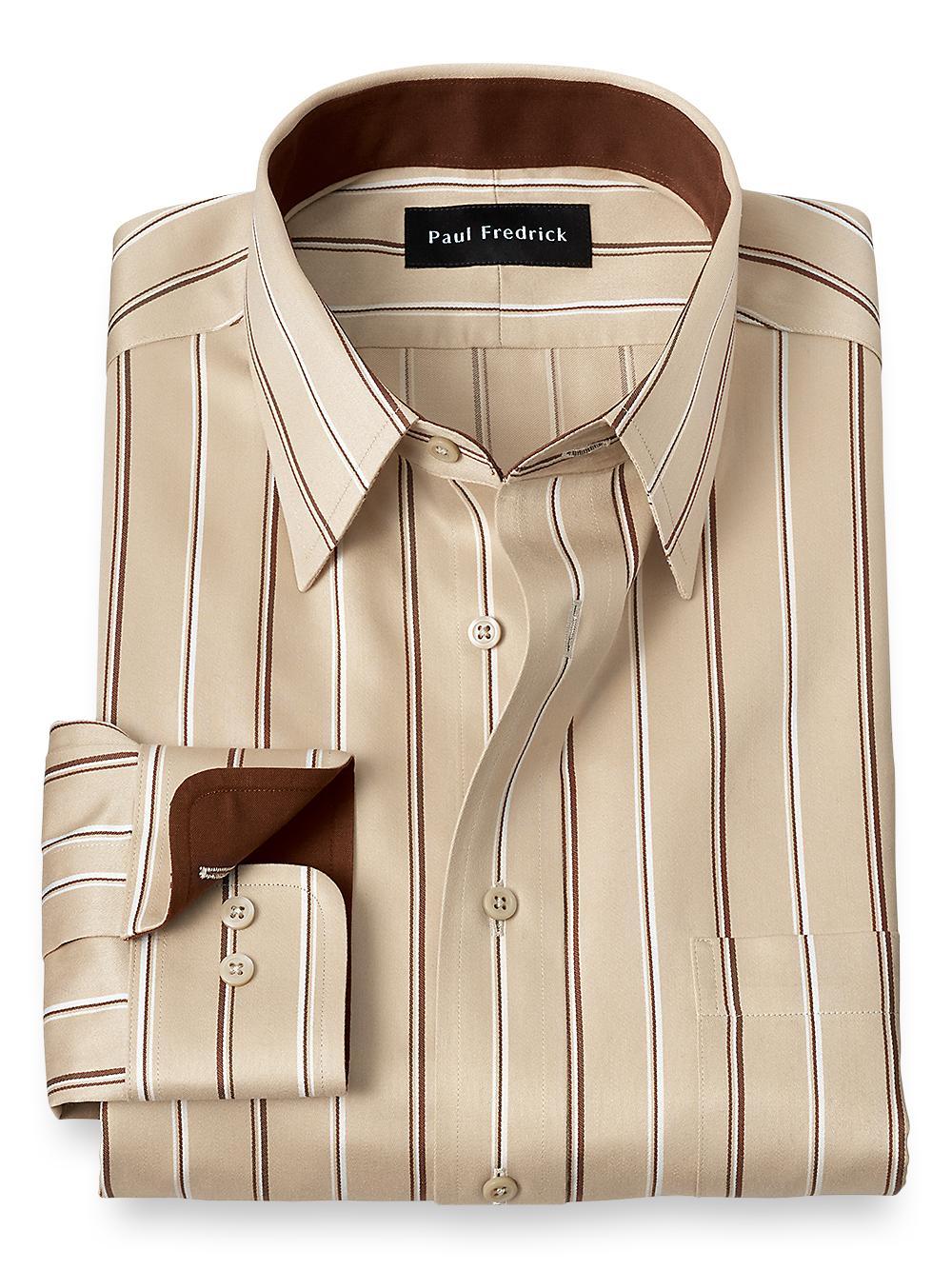 Non-Iron Cotton Stripe Dress Shirt With Contrast Trim - Tan Product Image