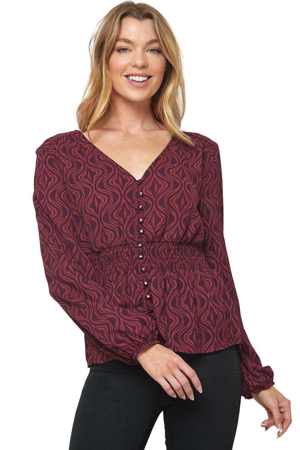 Burgundy Long Sleeve Smock Waist Blouse Product Image