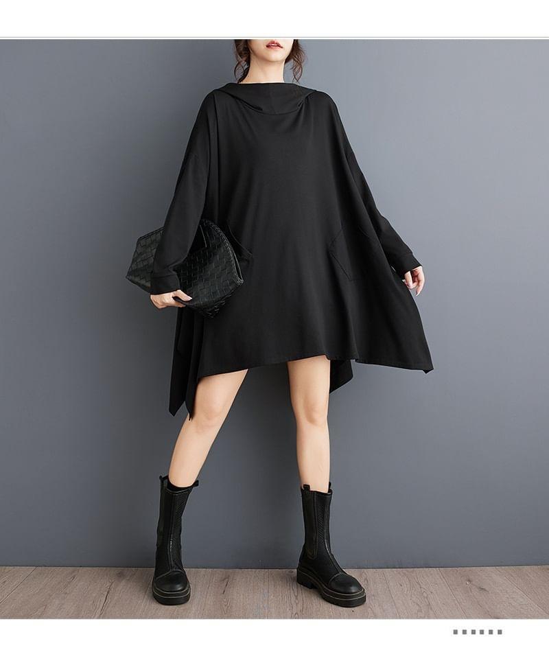 Plain Asymmetrical A-Line Hoodie Dress Product Image