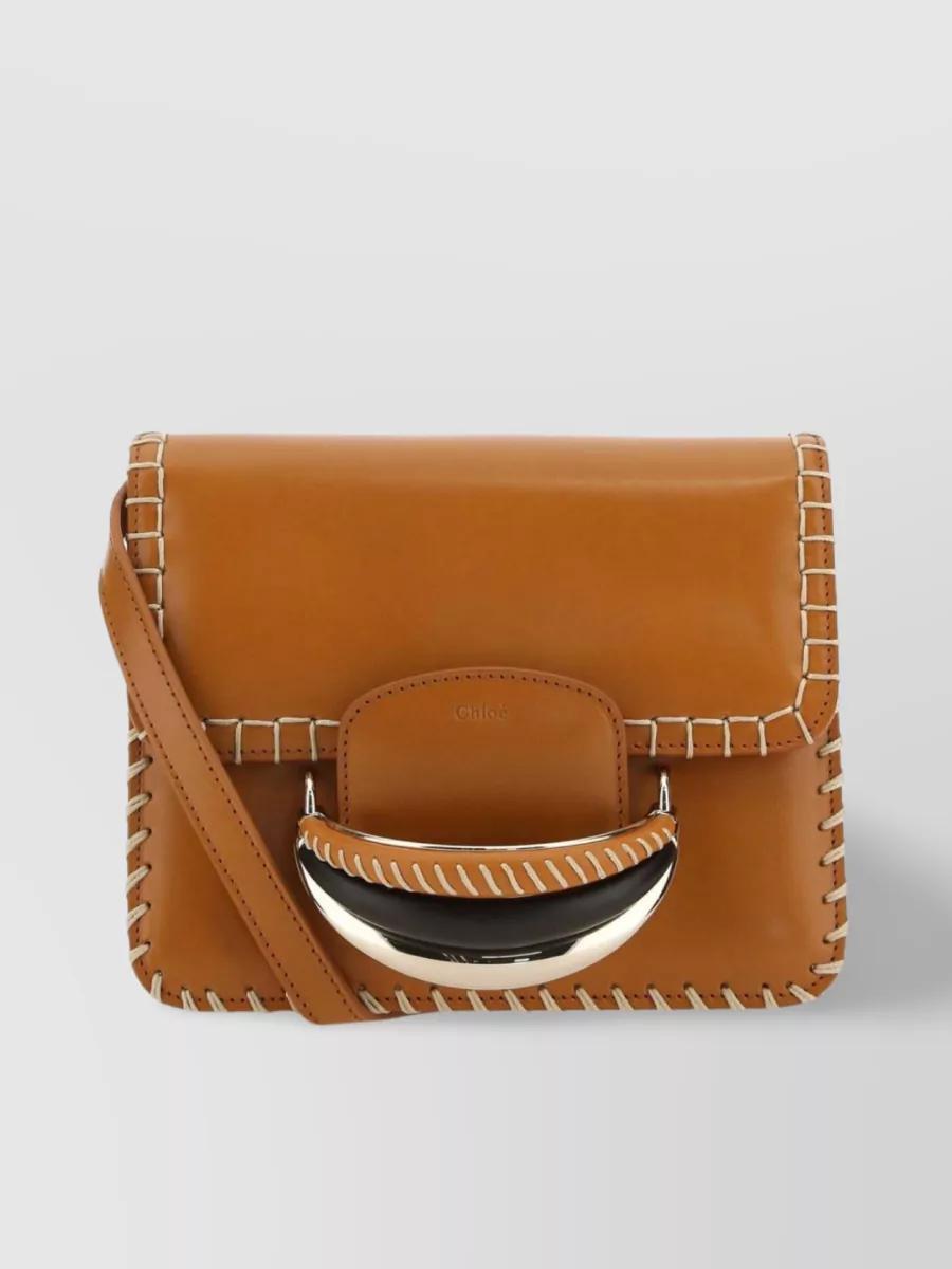 Leather Clutch With Chain And Stitching In Brown Product Image