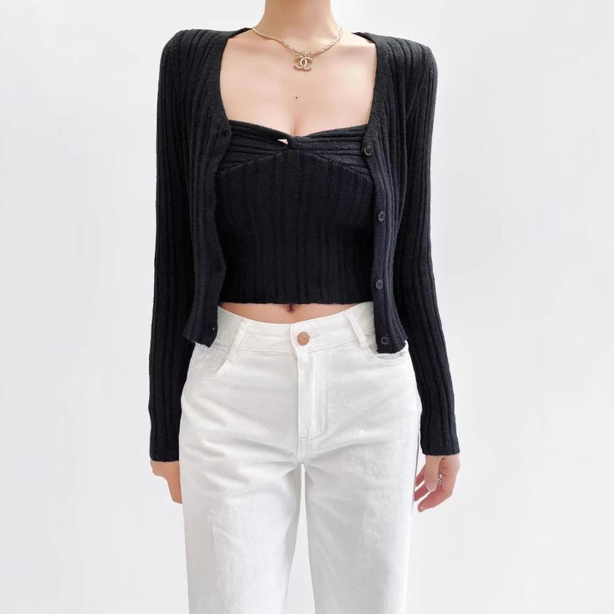 Set: Plain Cardigan + Twisted Crop Cami Top Product Image