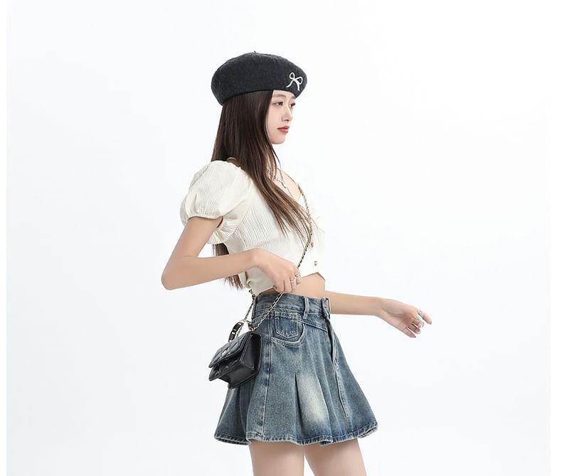 High Waist Washed Pleated Mini A-Line Denim Skirt Product Image