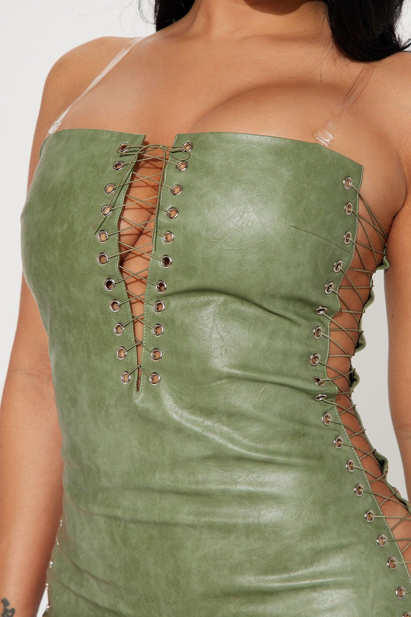 Cassie Leather Mini Dress - Olive Product Image