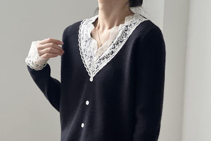 Long-Sleeve V-Neck Lace Panel Button Accent Knit Top Product Image