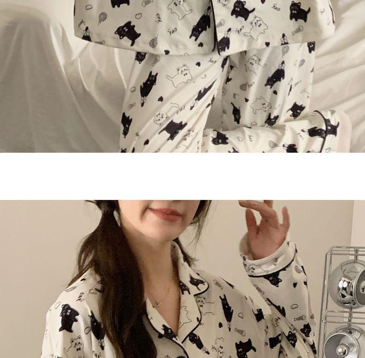 Pajama Set: Cat Print Shirt + Pants Product Image