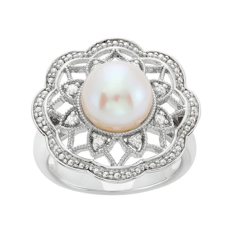 Freshwater Cultured Pearl and 1/10 Carat T.W. Diamond Sterling Silver Flower Ring, Womens White Product Image