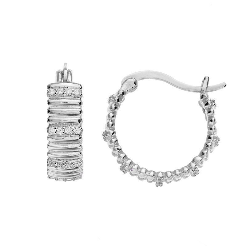 Rosabella Sterling Silver Cubic Zirconia Ribbed Huggie Hoop Earrings, Womens, White Product Image