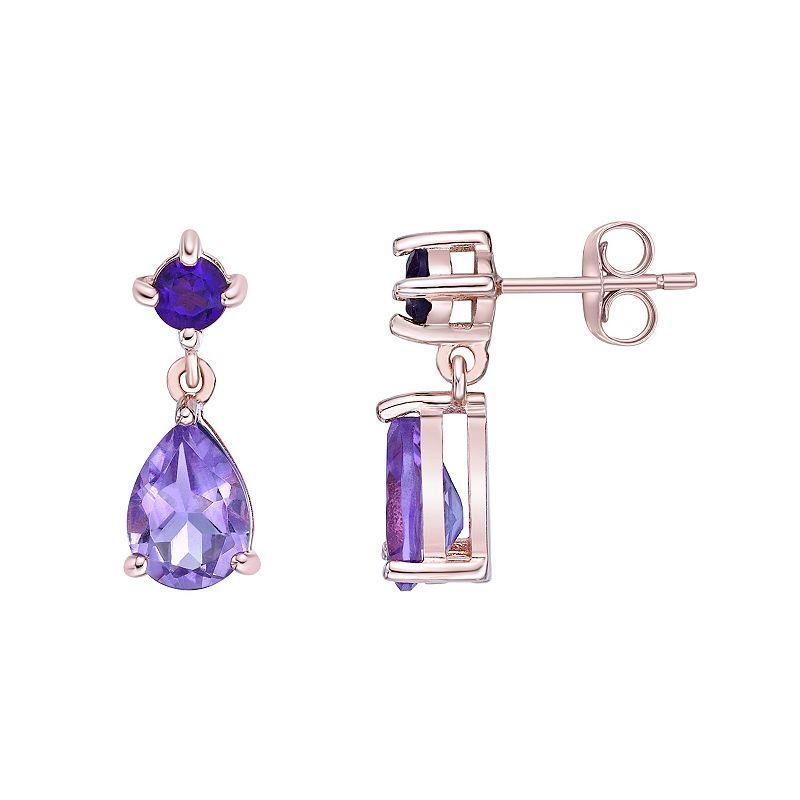 Gemminded 14k Rose Gold Over Silver Amethyst Drop Earrings, Womens, Purple Product Image