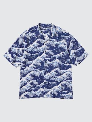 Mens Printed Open Collar Short-Sleeve Shirt (Hokusai) Blue XS UNIQLO US Product Image