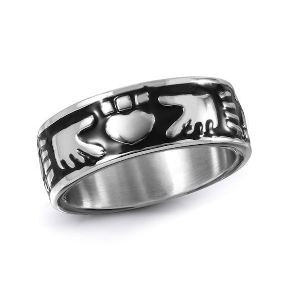 Men's 9.0mm Claddagh Wedding Band in Black Enamel and Stainless Steel Product Image