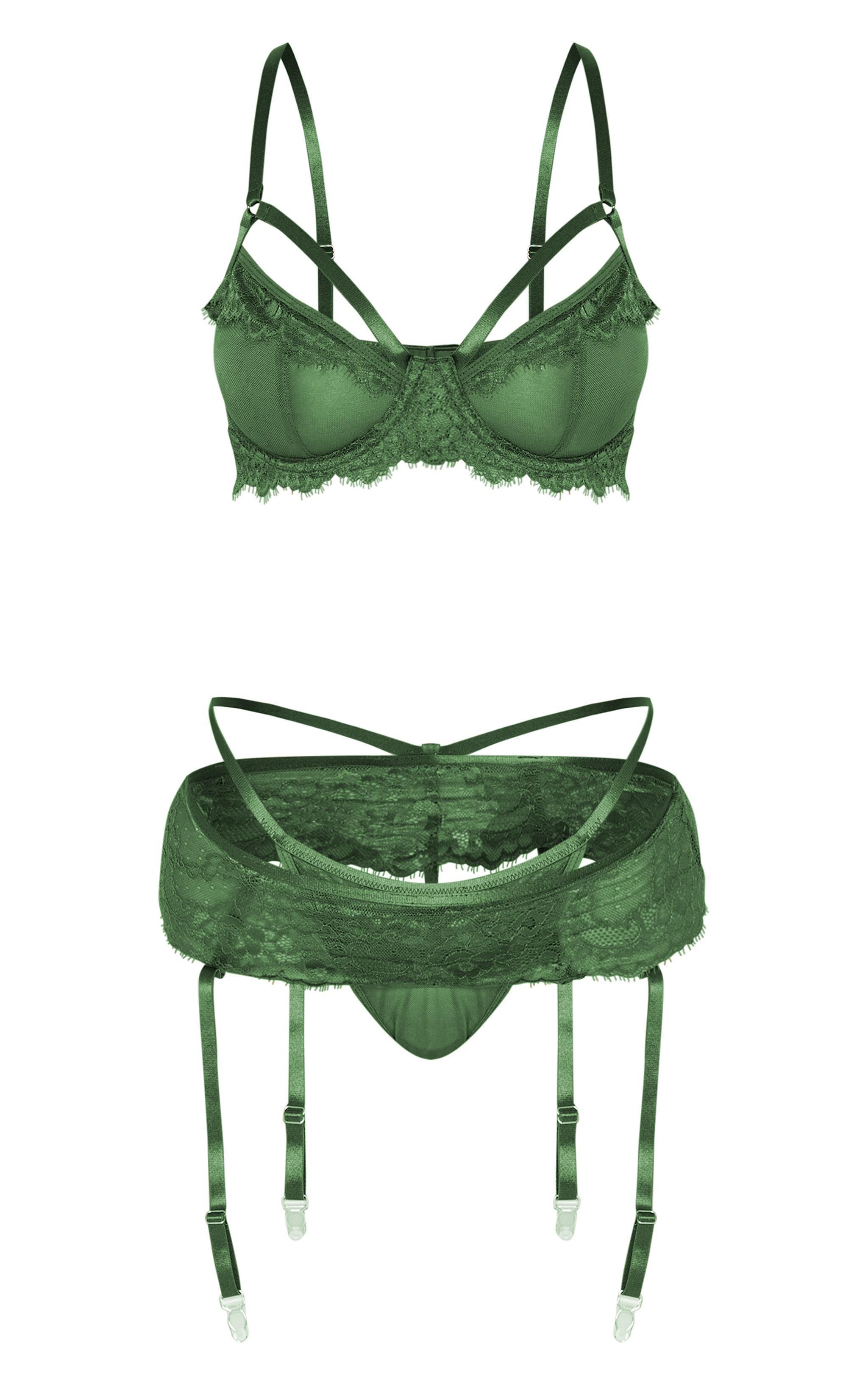 Emerald Green Lace 3 Piece Lingerie Set Product Image