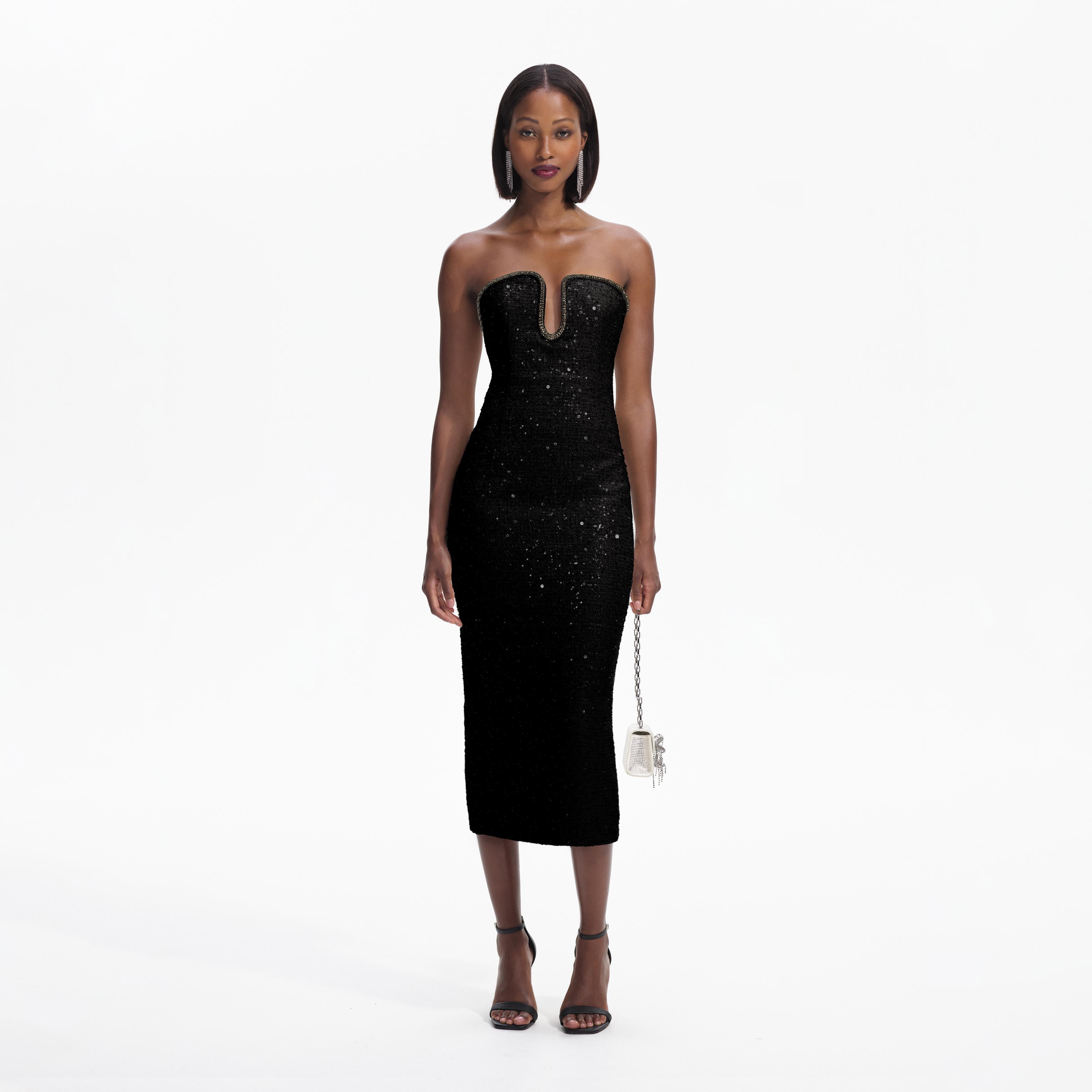 Black Sequin Boucle Midi Dress Product Image