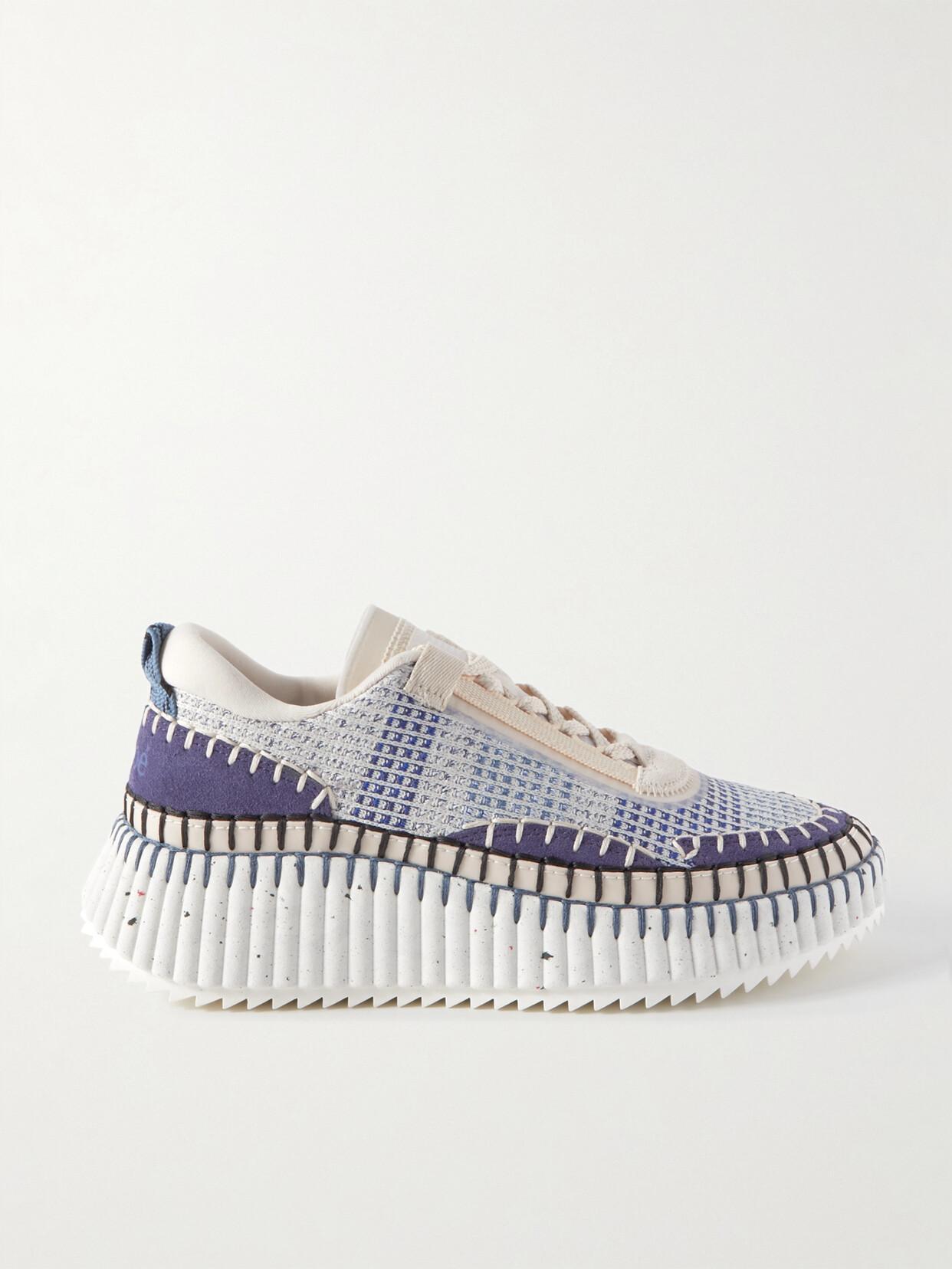 CHLOÉ Nama Embroidered Suede And Recycled-mesh Sneakers In Blue Product Image