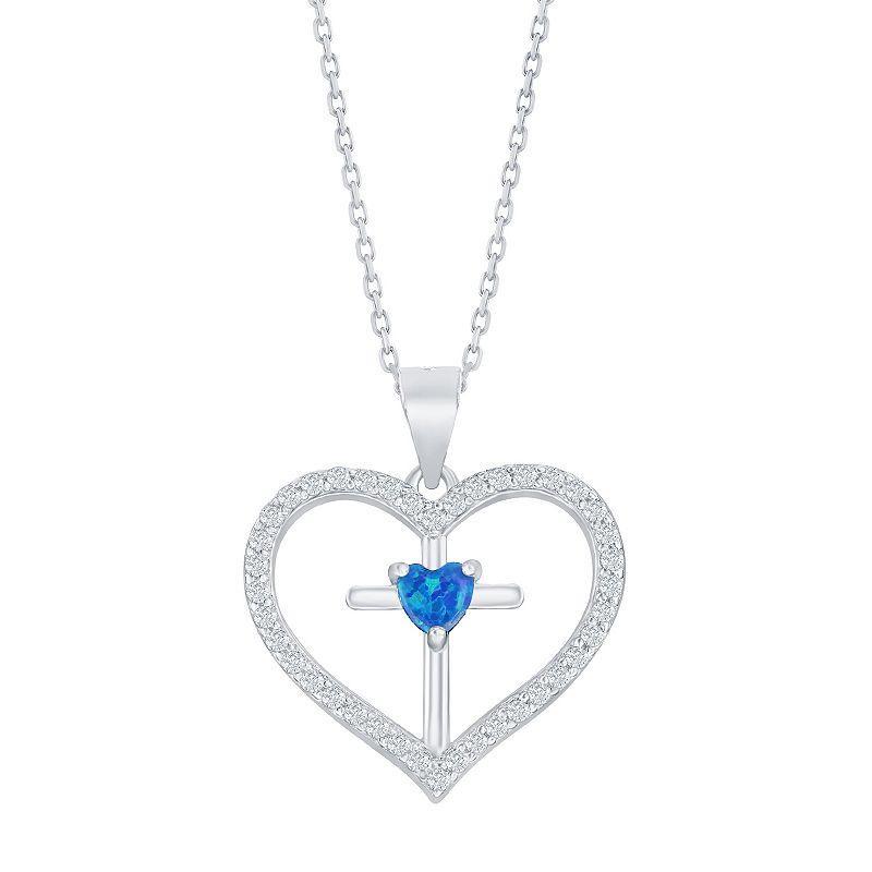 Sterling Silver Opal & Cubic Zirconia Cross Heart Pendant Necklace, Womens Blue Product Image