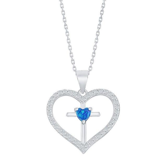 Sterling Silver Opal & Cubic Zirconia Cross Heart Pendant Necklace, Womens Blue Product Image