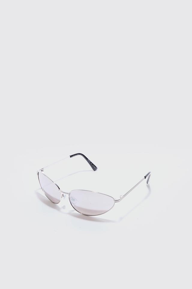 Angled Metal Sunglasses With Silver Lens In Silver | boohooMAN USA Product Image