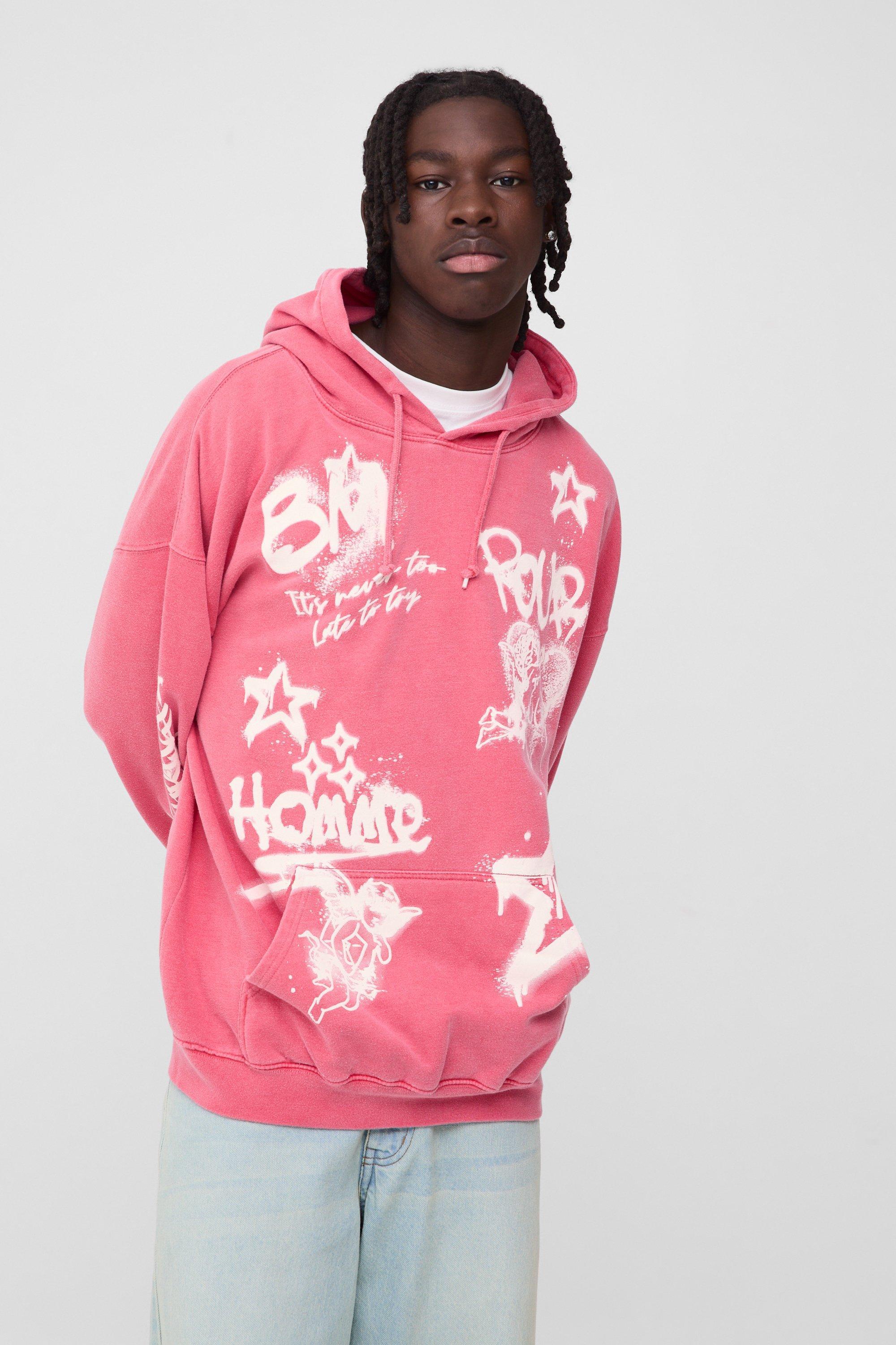 Oversized Washed Graffiti Graphic Hoodie | boohooMAN USA Product Image