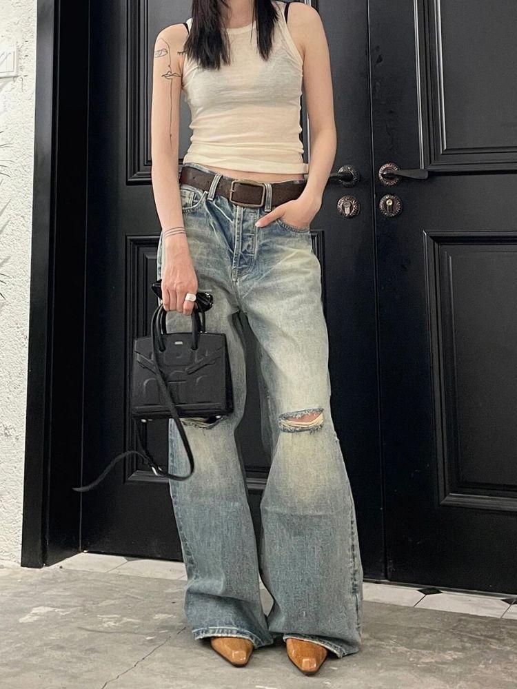 Low Rise Distressed Washed Wide Leg Jeans Product Image