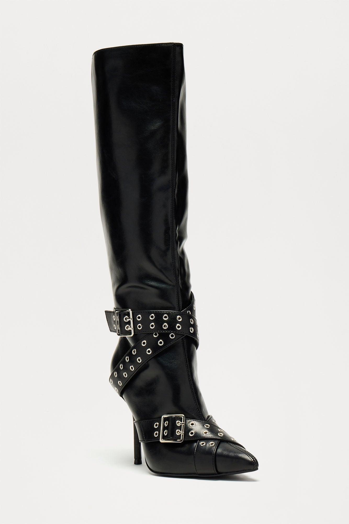 London Buckle Knee High Boots - Black Product Image