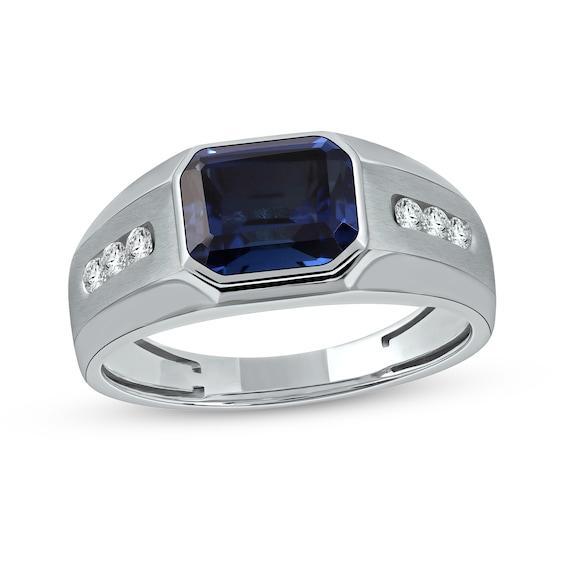 Men's Sideways Octagonal Blue and White Lab-Created Sapphire Tri-Sides Channel Band in Sterling Silver Product Image