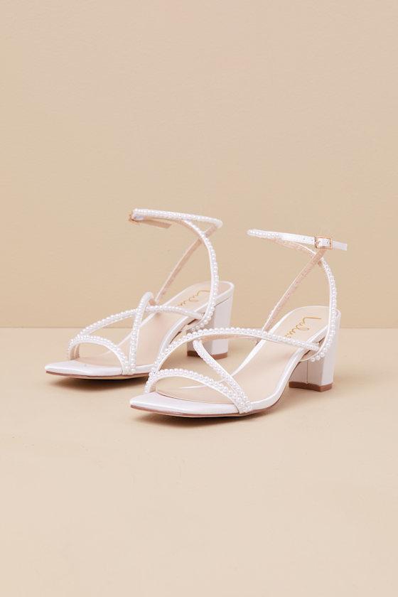 Makenna White Pearl Satin Strappy Ankle Strap Low Heel Sandals Product Image