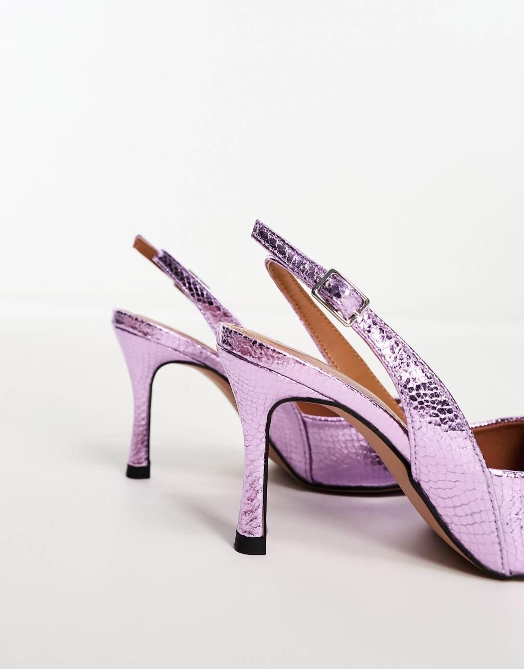 ASOS DESIGN Wide Fit Samber slingback stiletto heels in lilac metallic Product Image