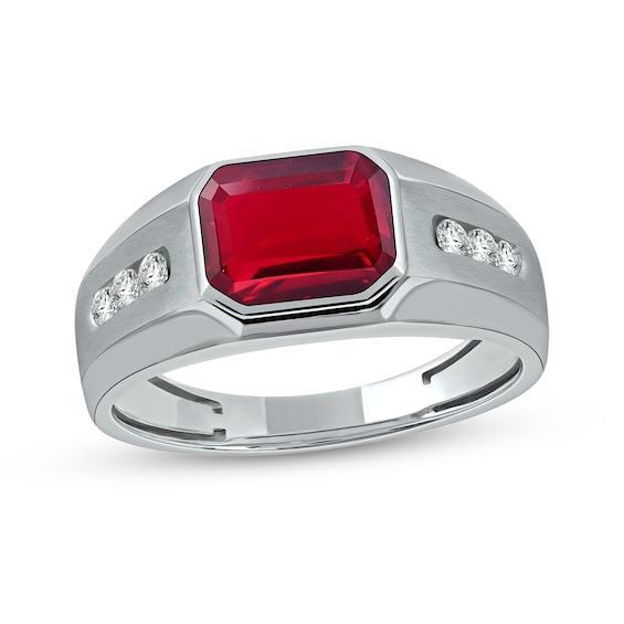 Men's Sideways Octagonal Lab-Created Garnet and White Lab-Created Sapphire Tri-Sides Channel Band in Sterling Silver Product Image