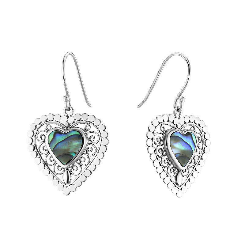 Sterling Silver Abalone Filigree Heart Drop Earrings, Womens, White Product Image